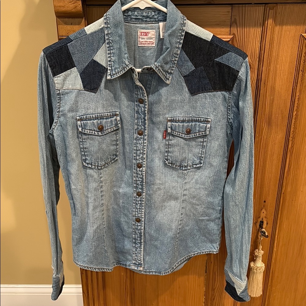 Levi's Blue Denim Shirt with Dark Patchwork Size M